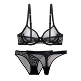 Sexy Plus Size Mesh Lace Bra and Panty Set - Unlined and Sheer